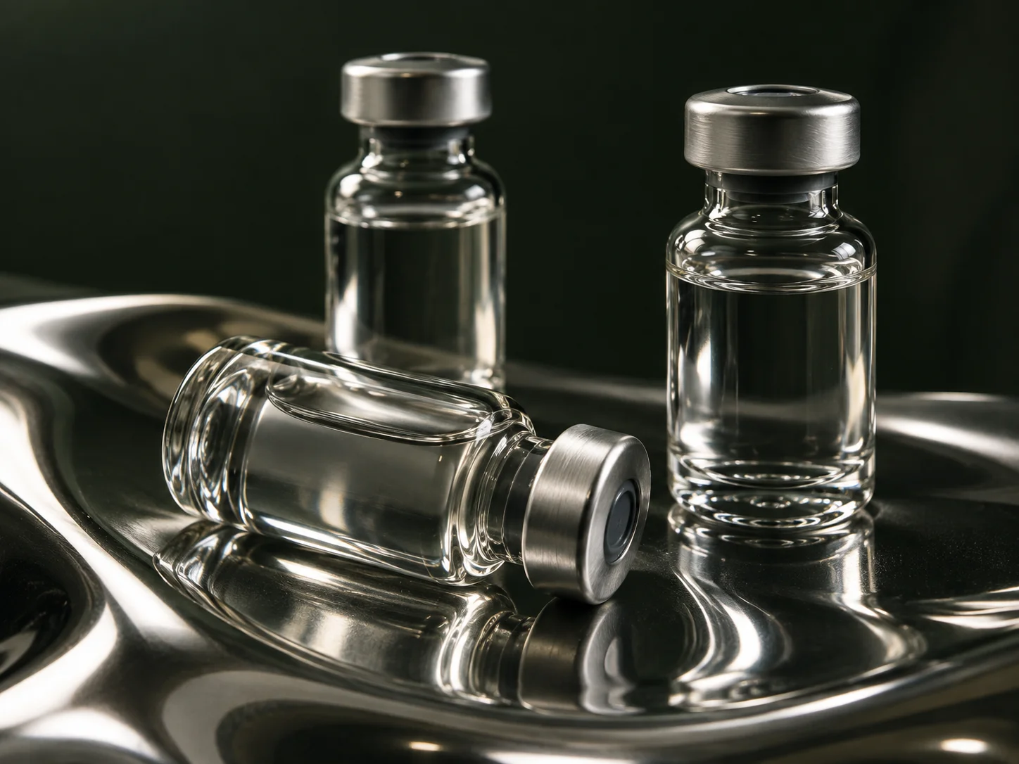 Editorial illustration of unbranded glass vials on a sculptural silver surface